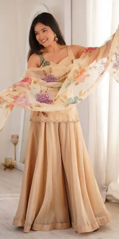 KD 1625 Chiku | Tabby Organza Silk Salwar Suit with Designer Work. Exclusive Offer ₹2099. Delivery 4-6 Working Days. Shop now. | Jump Suits, Salwar suit, Designer Suits, Casual Suits, Creative suits, Palazzo Suits, Party Wear Suits, Patiala Suits, Straight Suits