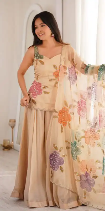 KD 1625 Chiku | Tabby Organza Silk Salwar Suit with Designer Work. Exclusive Offer ₹2099. Delivery 4-6 Working Days. Shop now. | Jump Suits, Salwar suit, Designer Suits, Casual Suits, Creative suits, Palazzo Suits, Party Wear Suits, Patiala Suits, Straight Suits