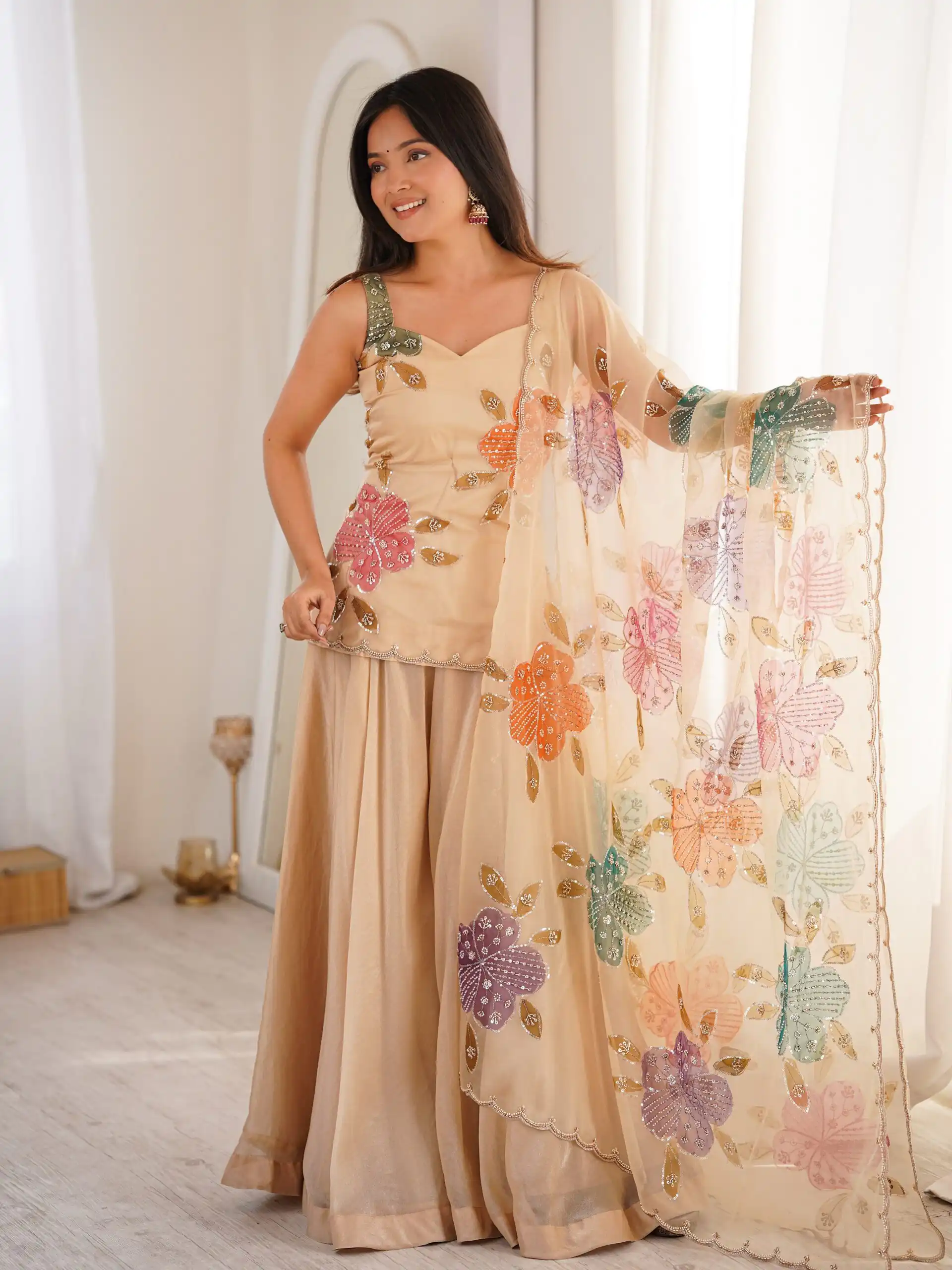 KD 1625 Chiku | Tabby Organza Silk Salwar Suit with Designer Work. Exclusive Offer ₹2099. Delivery 4-6 Working Days. Shop now. | Jump Suits, Salwar suit, Designer Suits, Casual Suits, Creative suits, Palazzo Suits, Party Wear Suits, Patiala Suits, Straight Suits