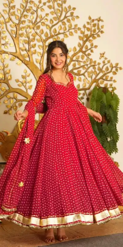KD 1637 Red in Colour Faux Georgette Bandhani Print Work Gown. Available at ₹1999 only. Delivery 4-6 Working Days. Shop now. | Gowns, Bollywood Gowns, Creative Gowns, Designer Gowns, Embroidered Gowns, Party Wear Gowns