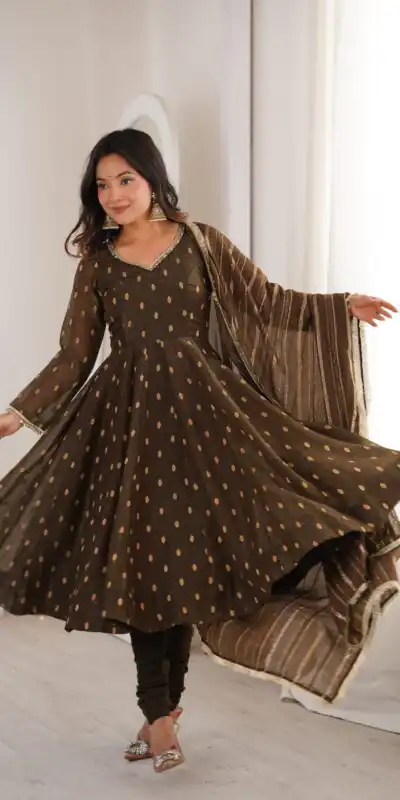 ZF 5021 Brown in Crunchy Silk Embroidery Work & Lace Work Gown . Special Price ₹2099. Delivery 4-6 Working Days. Shop now. | Gowns, Bollywood Gowns, Creative Gowns, Designer Gowns, Embroidered Gowns, Party Wear Gowns
