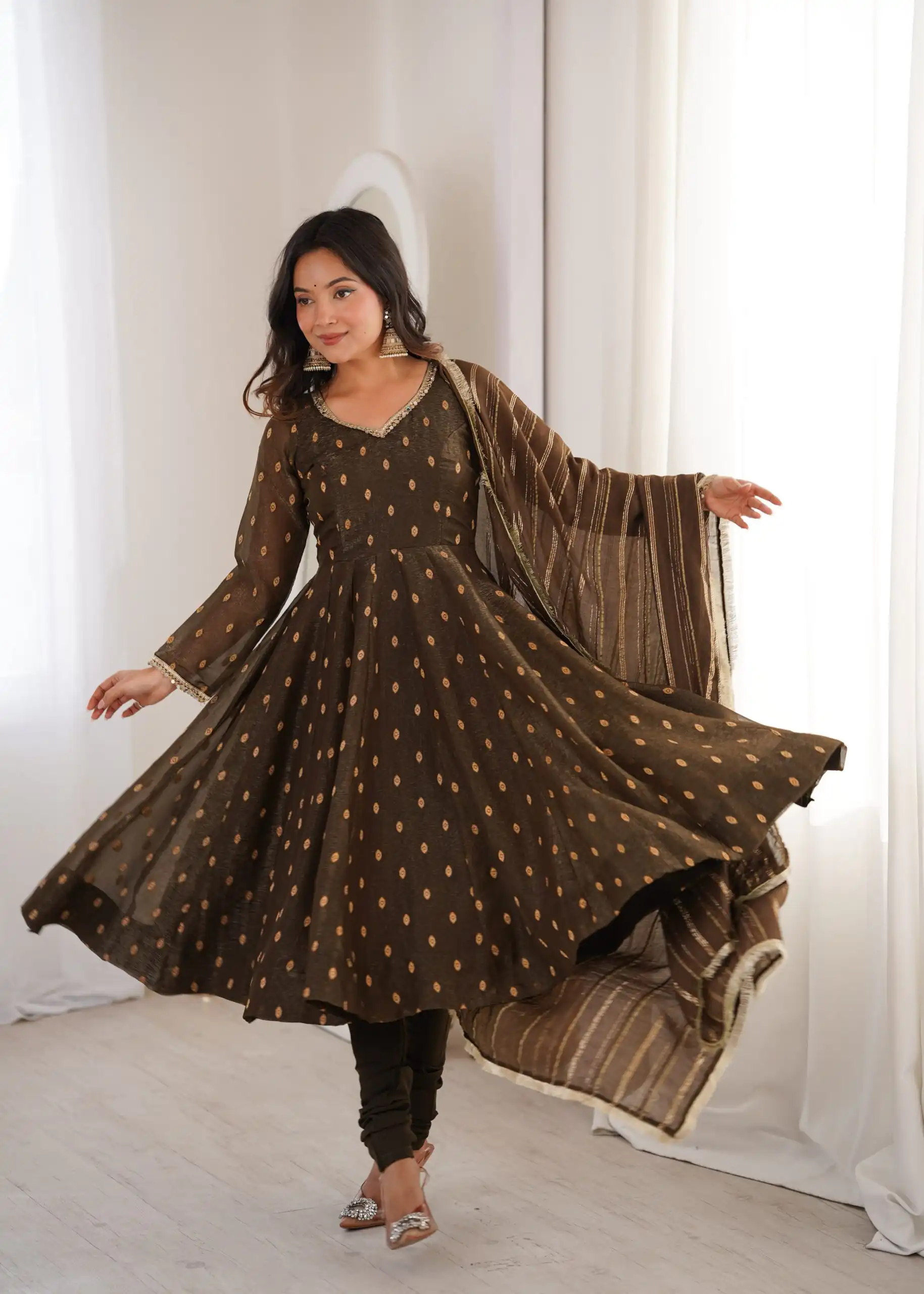 ZF 5021 Brown in Crunchy Silk Embroidery Work & Lace Work Gown . Special Price ₹2099. Delivery 4-6 Working Days. Shop now. | Gowns, Bollywood Gowns, Creative Gowns, Designer Gowns, Embroidered Gowns, Party Wear Gowns