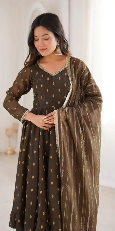 ZF 5021 Brown in Crunchy Silk Embroidery Work & Lace Work Gown . Special Price ₹2099. Delivery 4-6 Working Days. Shop now. | Gowns, Bollywood Gowns, Creative Gowns, Designer Gowns, Embroidered Gowns, Party Wear Gowns