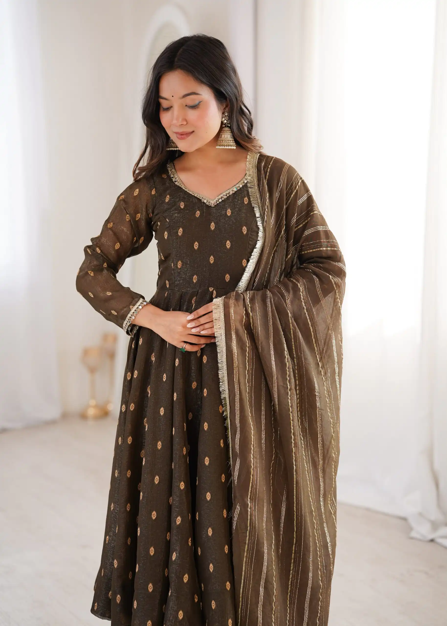 ZF 5021 Brown in Crunchy Silk Embroidery Work & Lace Work Gown . Special Price ₹2099. Delivery 4-6 Working Days. Shop now. | Gowns, Bollywood Gowns, Creative Gowns, Designer Gowns, Embroidered Gowns, Party Wear Gowns