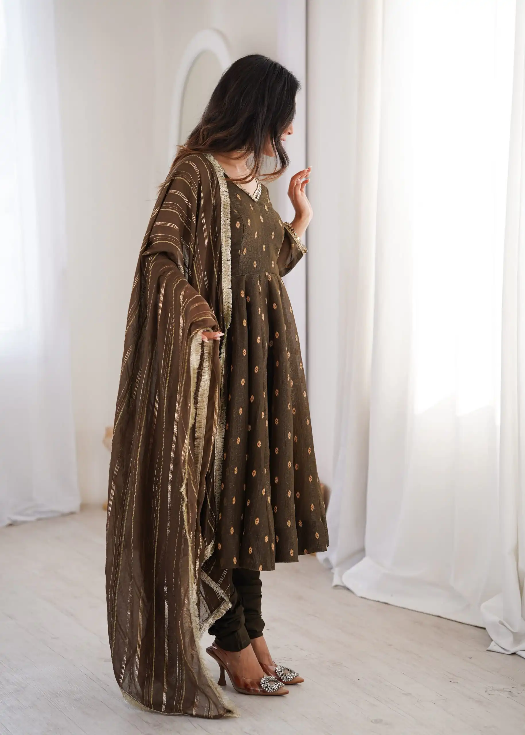 ZF 5021 Brown in Crunchy Silk Embroidery Work & Lace Work Gown . Special Price ₹2099. Delivery 4-6 Working Days. Shop now. | Gowns, Bollywood Gowns, Creative Gowns, Designer Gowns, Embroidered Gowns, Party Wear Gowns
