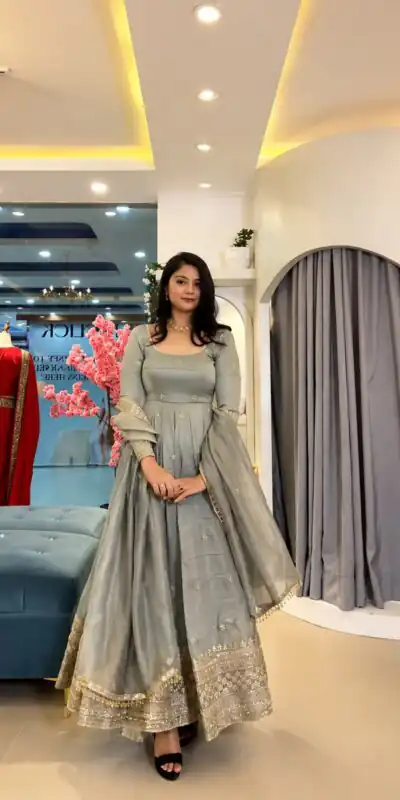 SSR 547 Grey in Crunchy Silk Embroidery Work & Lace Work Gown . Special Price ₹2399. Delivery 4-6 Working Days. Shop now. | Gowns, Bollywood Gowns, Creative Gowns, Designer Gowns, Embroidered Gowns, Party Wear Gowns