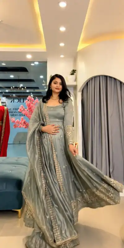 SSR 547 Grey in Crunchy Silk Embroidery Work & Lace Work Gown . Special Price ₹2399. Delivery 4-6 Working Days. Shop now. | Gowns, Bollywood Gowns, Creative Gowns, Designer Gowns, Embroidered Gowns, Party Wear Gowns