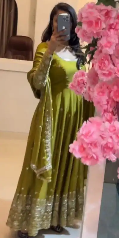 SSR 544 Lime Yellow in Crunchy Silk Embroidery Work & Lace Work Gown . Special Price ₹2399. Delivery 4-6 Working Days. Shop now. | Gowns, Bollywood Gowns, Creative Gowns, Designer Gowns, Embroidered Gowns, Party Wear Gowns