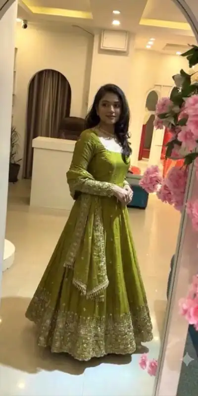 SSR 544 Lime Yellow in Crunchy Silk Embroidery Work & Lace Work Gown . Special Price ₹2399. Delivery 4-6 Working Days. Shop now. | Gowns, Bollywood Gowns, Creative Gowns, Designer Gowns, Embroidered Gowns, Party Wear Gowns