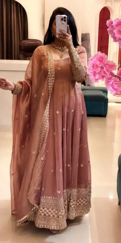 SSR 547 Peach in Crunchy Silk Embroidery Work & Lace Work Gown . Special Price ₹2399. Delivery 4-6 Working Days. Shop now. | Gowns, Bollywood Gowns, Creative Gowns, Designer Gowns, Embroidered Gowns, Party Wear Gowns