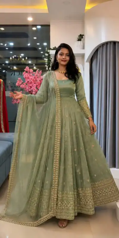 SSR 547 Pista in Crunchy Silk Embroidery Work & Lace Work Gown . Special Price ₹2399. Delivery 4-6 Working Days. Shop now. | Gowns, Bollywood Gowns, Creative Gowns, Designer Gowns, Embroidered Gowns, Party Wear Gowns