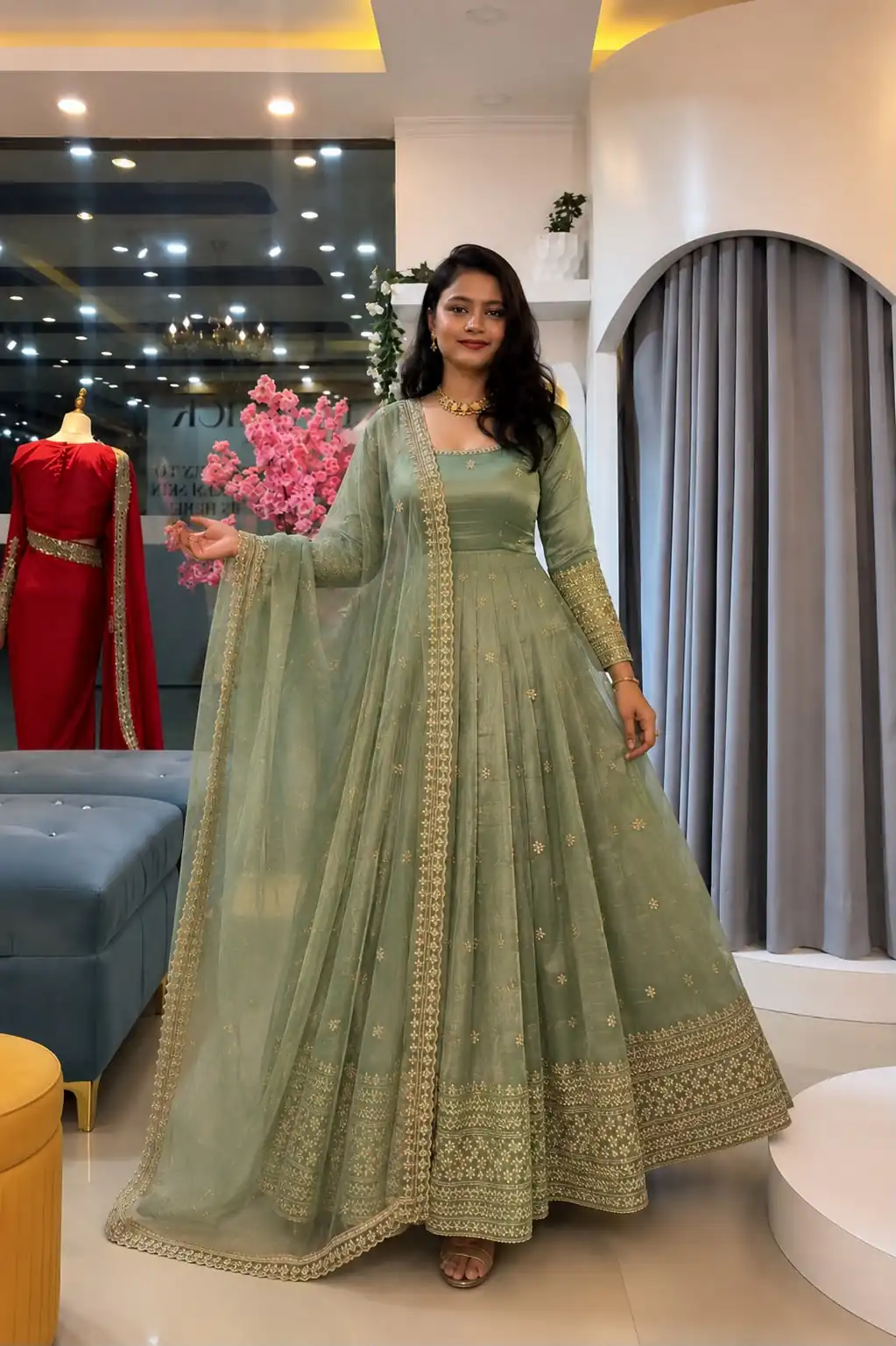 SSR 547 Pista in Crunchy Silk Embroidery Work & Lace Work Gown . Special Price ₹2399. Delivery 4-6 Working Days. Shop now. | Gowns, Bollywood Gowns, Creative Gowns, Designer Gowns, Embroidered Gowns, Party Wear Gowns