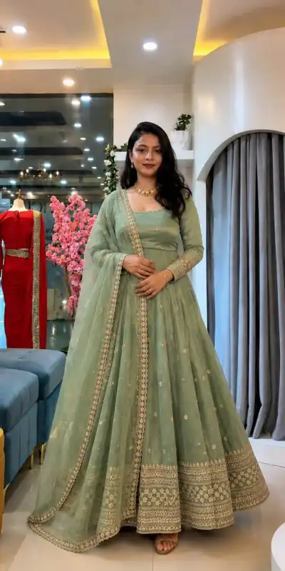 SSR 547 Pista in Crunchy Silk Embroidery Work & Lace Work Gown . Special Price ₹2399. Delivery 4-6 Working Days. Shop now. | Gowns, Bollywood Gowns, Creative Gowns, Designer Gowns, Embroidered Gowns, Party Wear Gowns