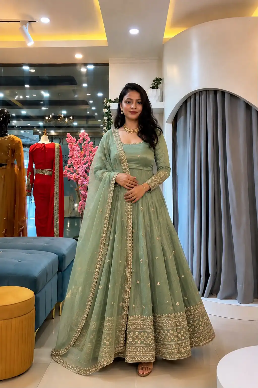 SSR 547 Pista in Crunchy Silk Embroidery Work & Lace Work Gown . Special Price ₹2399. Delivery 4-6 Working Days. Shop now. | Gowns, Bollywood Gowns, Creative Gowns, Designer Gowns, Embroidered Gowns, Party Wear Gowns
