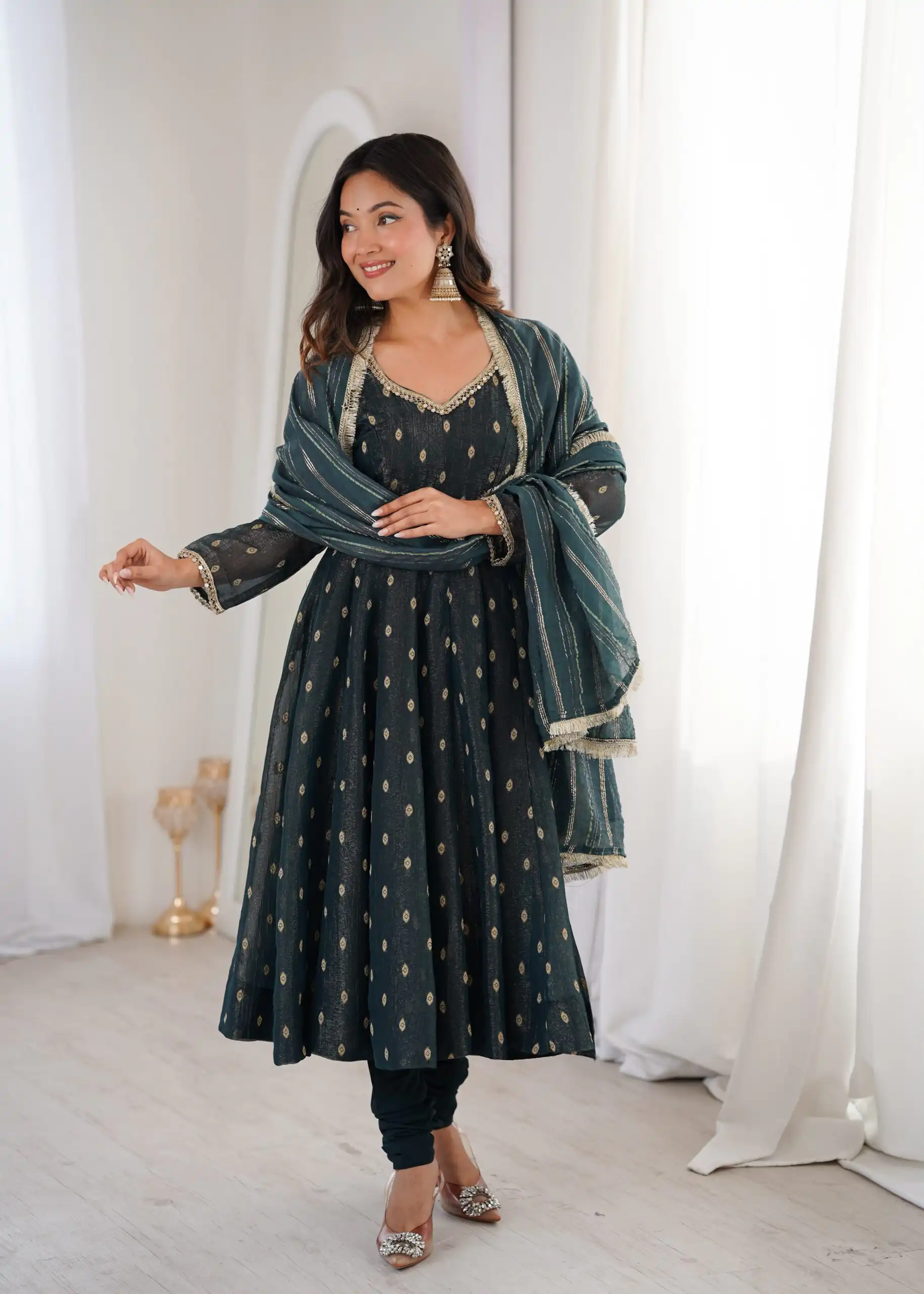 ZF 5021 Teal in Crunchy Silk Embroidery Work & Lace Work Gown . Special Price ₹2099. Delivery 4-6 Working Days. Shop now. | Gowns, Bollywood Gowns, Creative Gowns, Designer Gowns, Embroidered Gowns, Party Wear Gowns