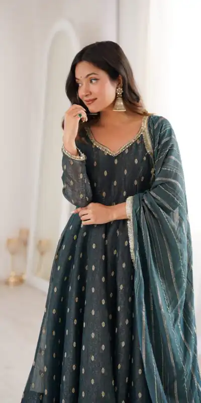 ZF 5021 Teal in Crunchy Silk Embroidery Work & Lace Work Gown . Special Price ₹2099. Delivery 4-6 Working Days. Shop now. | Gowns, Bollywood Gowns, Creative Gowns, Designer Gowns, Embroidered Gowns, Party Wear Gowns