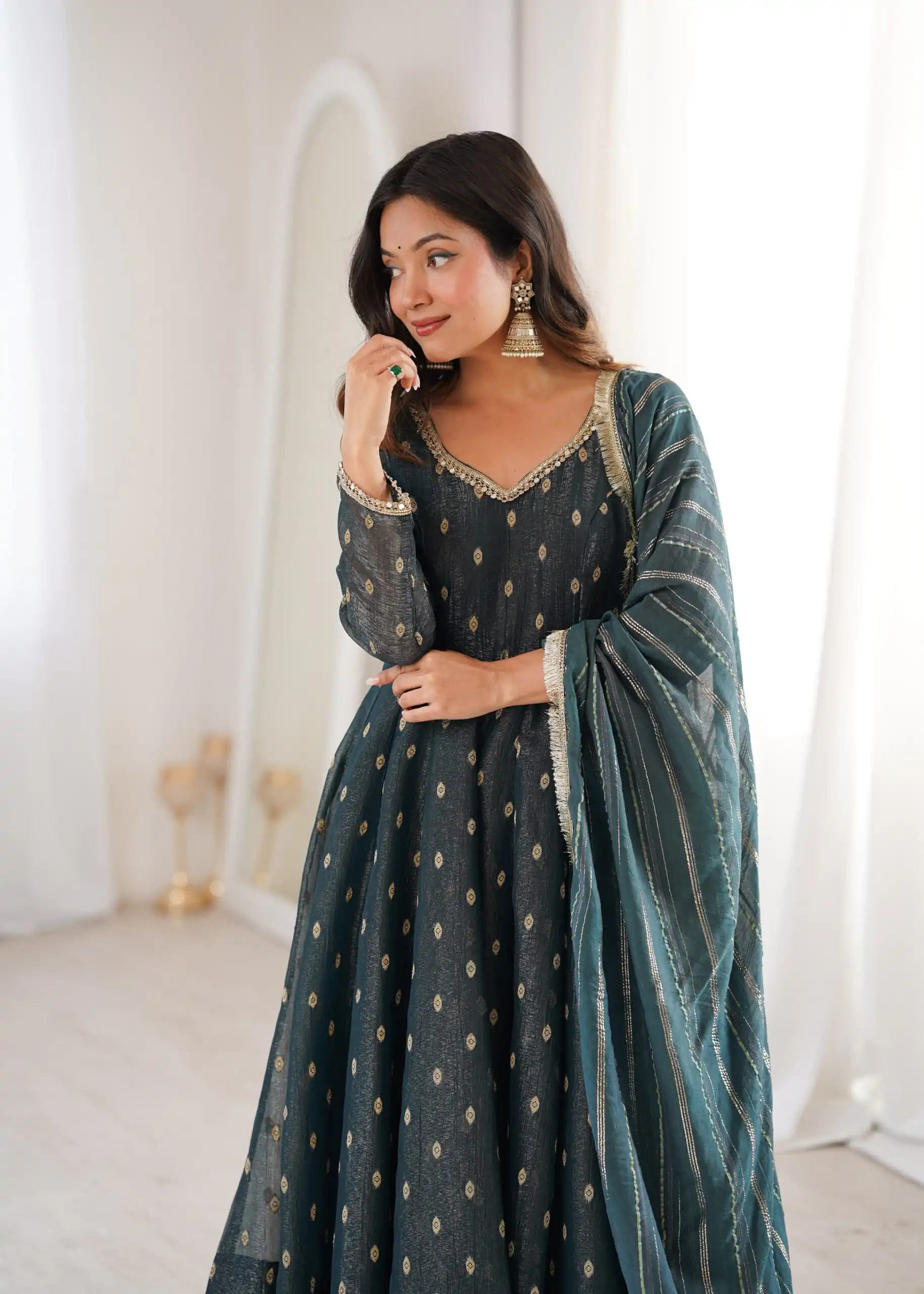 ZF 5021 Teal in Crunchy Silk Embroidery Work & Lace Work Gown . Special Price ₹2099. Delivery 4-6 Working Days. Shop now. | Gowns, Bollywood Gowns, Creative Gowns, Designer Gowns, Embroidered Gowns, Party Wear Gowns