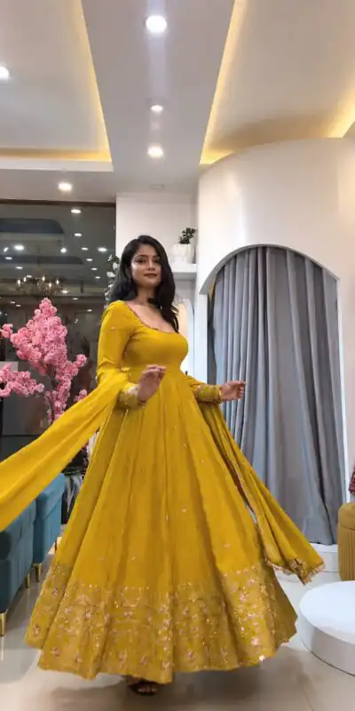 SSR 544 Yellow in Crunchy Silk Embroidery Work & Lace Work Gown . Special Price ₹2399. Delivery 4-6 Working Days. Shop now. | Gowns, Bollywood Gowns, Creative Gowns, Designer Gowns, Embroidered Gowns, Party Wear Gowns