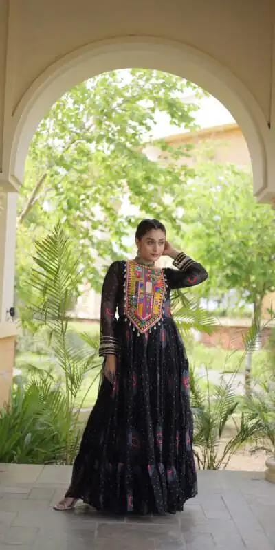 KA 1267 Black in Colour Faux Georgette Bandhani Print Work Gown. Available at ₹1919 only. Delivery 4-6 Working Days. Shop now. | Gowns, Bollywood Gowns, Creative Gowns, Designer Gowns, Embroidered Gowns, Party Wear Gowns
