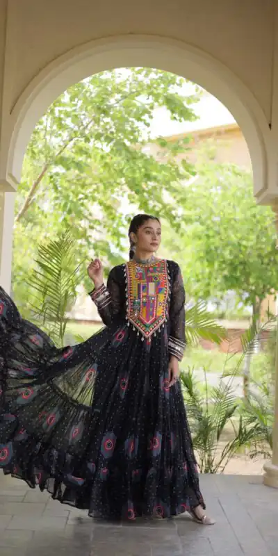 KA 1267 Black in Colour Faux Georgette Bandhani Print Work Gown. Available at ₹1919 only. Delivery 4-6 Working Days. Shop now. | Gowns, Bollywood Gowns, Creative Gowns, Designer Gowns, Embroidered Gowns, Party Wear Gowns
