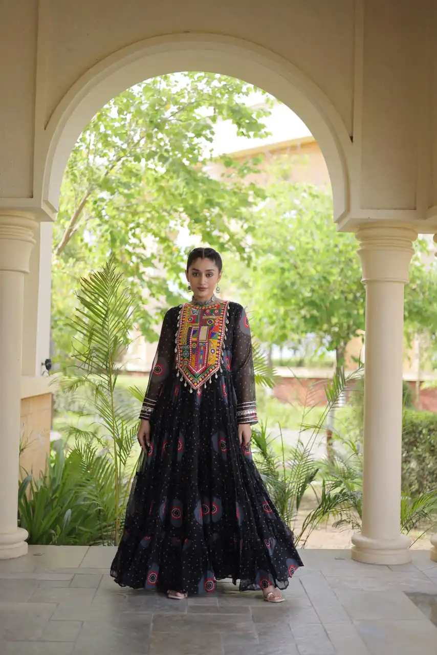 KA 1267 Black in Colour Faux Georgette Bandhani Print Work Gown. Available at ₹1919 only. Delivery 4-6 Working Days. Shop now. | Gowns, Bollywood Gowns, Creative Gowns, Designer Gowns, Embroidered Gowns, Party Wear Gowns