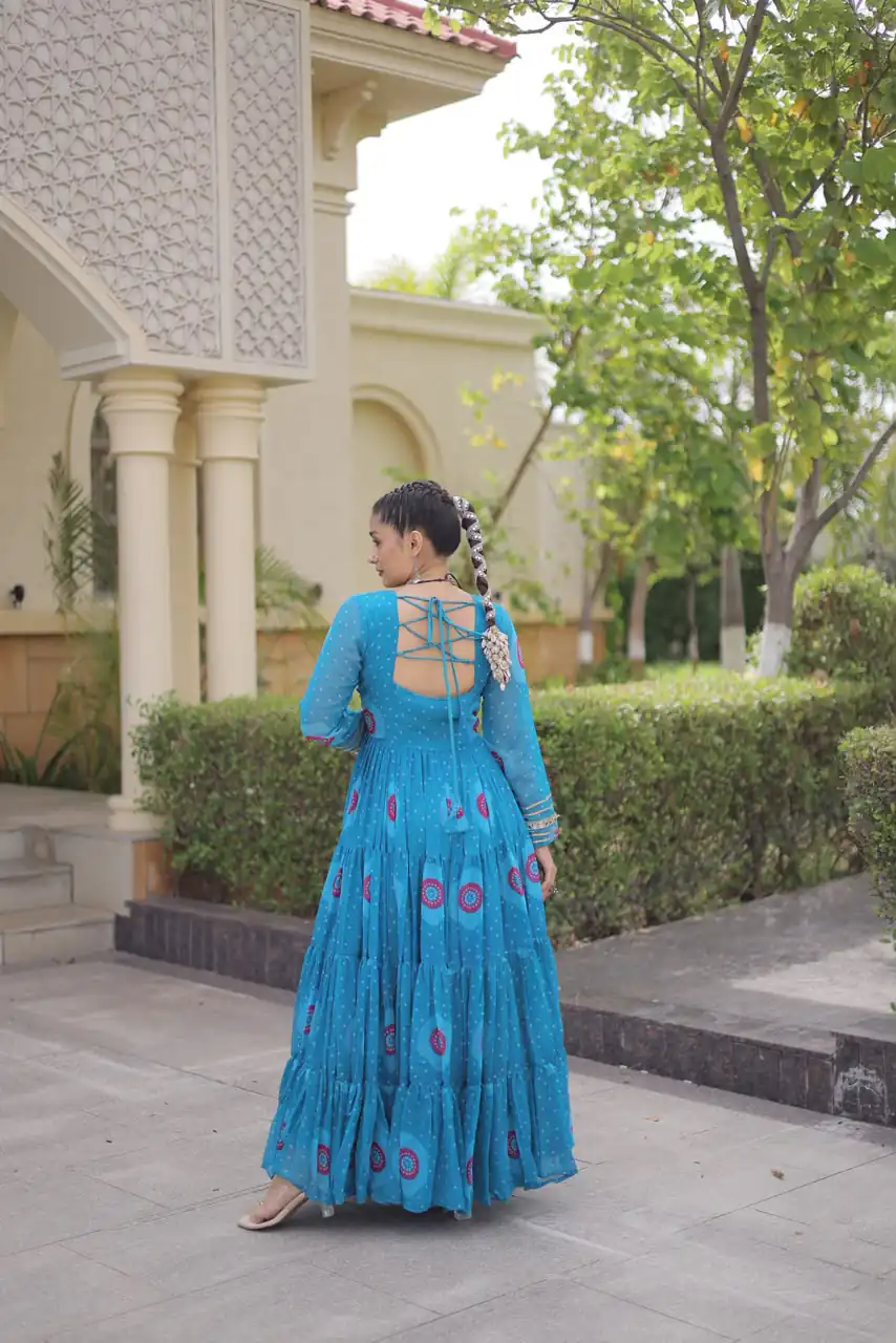 KA 1267 Blue in Colour Faux Georgette Bandhani Print Work Gown. Available at ₹1919 only. Delivery 4-6 Working Days. Shop now. | Gowns, Bollywood Gowns, Creative Gowns, Designer Gowns, Embroidered Gowns, Party Wear Gowns