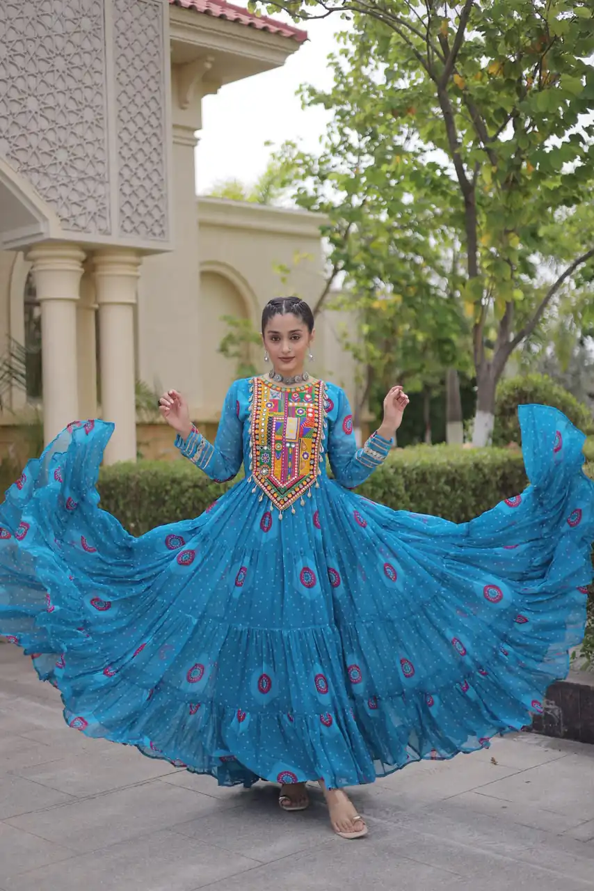 KA 1267 Blue in Colour Faux Georgette Bandhani Print Work Gown. Available at ₹1919 only. Delivery 4-6 Working Days. Shop now. | Gowns, Bollywood Gowns, Creative Gowns, Designer Gowns, Embroidered Gowns, Party Wear Gowns