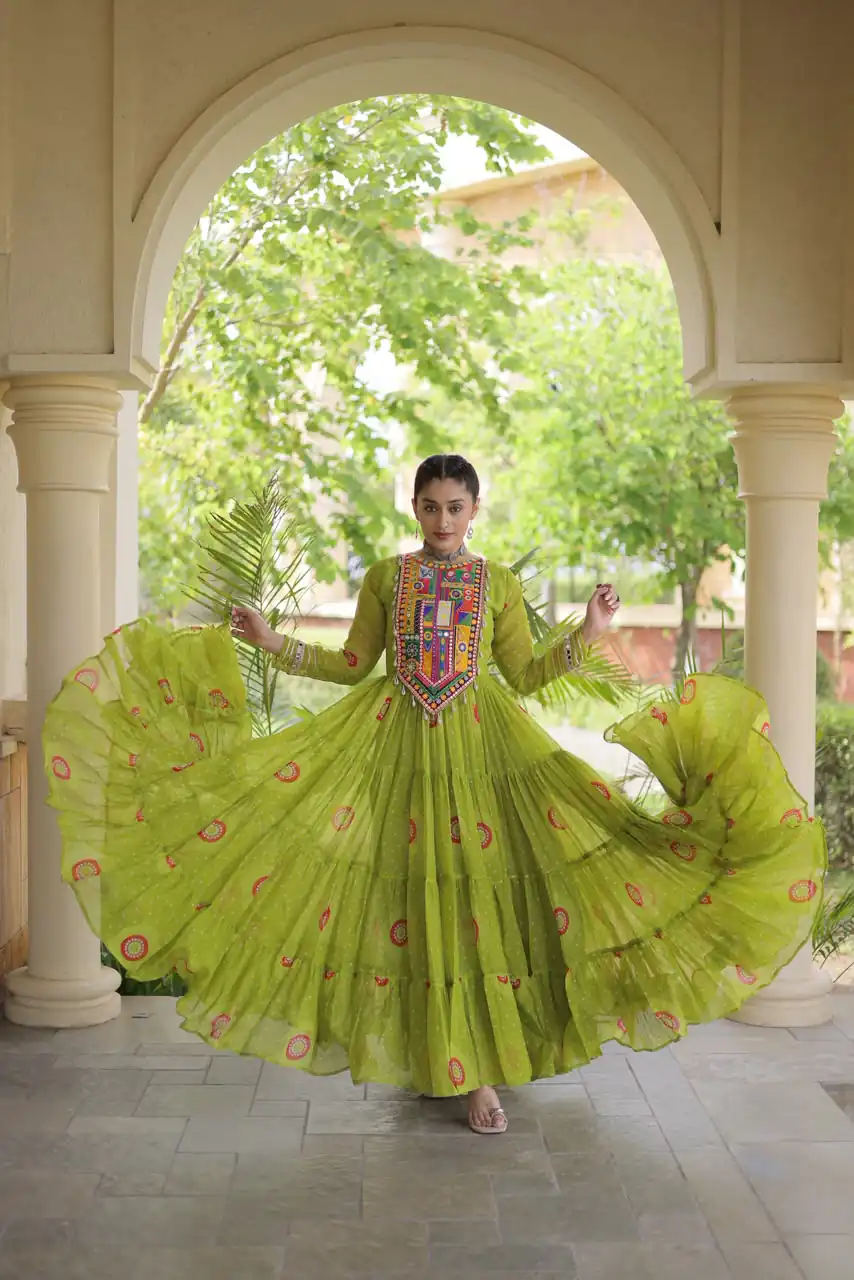 KA 1267 Green in Colour Faux Georgette Bandhani Print Work Gown. Available at ₹1919 only. Delivery 4-6 Working Days. Shop now. | Gowns, Bollywood Gowns, Creative Gowns, Designer Gowns, Embroidered Gowns, Party Wear Gowns