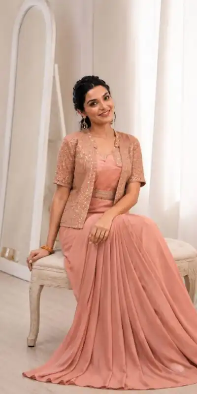 BB 72 Peach Crap Silk Saree with Sequins Work & Embroidery Work. Festive Deal ₹2399. Delivery 4-6 Working Days. Shop now. | Sarees, Bollywood Sarees, Creative Sarees, Designer Sarees, Embroidered Sarees, Ethnic Saree, Modern Digital sarees, Party Wear Sarees