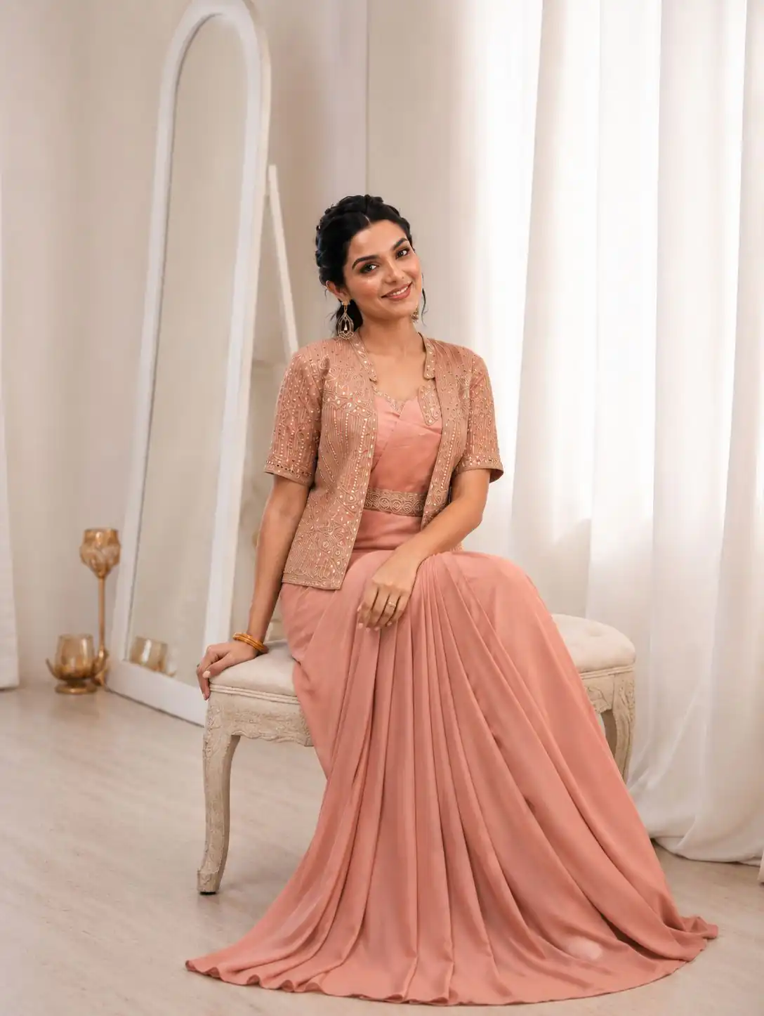 BB 72 Peach Crap Silk Saree with Sequins Work & Embroidery Work. Festive Deal ₹2399. Delivery 4-6 Working Days. Shop now. | Sarees, Bollywood Sarees, Creative Sarees, Designer Sarees, Embroidered Sarees, Ethnic Saree, Modern Digital sarees, Party Wear Sarees