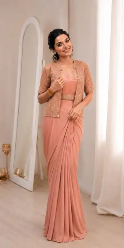 BB 72 Peach Crap Silk Saree with Sequins Work & Embroidery Work. Festive Deal ₹2399. Delivery 4-6 Working Days. Shop now. | Sarees, Bollywood Sarees, Creative Sarees, Designer Sarees, Embroidered Sarees, Ethnic Saree, Modern Digital sarees, Party Wear Sarees