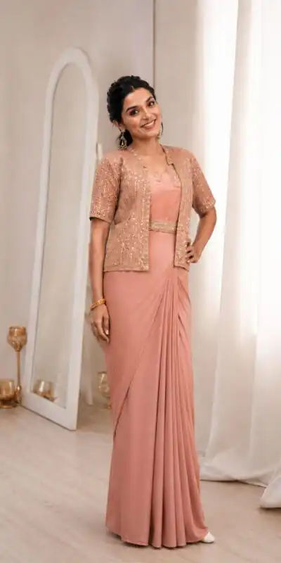 BB 72 Peach Crap Silk Saree with Sequins Work & Embroidery Work. Festive Deal ₹2399. Delivery 4-6 Working Days. Shop now. | Sarees, Bollywood Sarees, Creative Sarees, Designer Sarees, Embroidered Sarees, Ethnic Saree, Modern Digital sarees, Party Wear Sarees