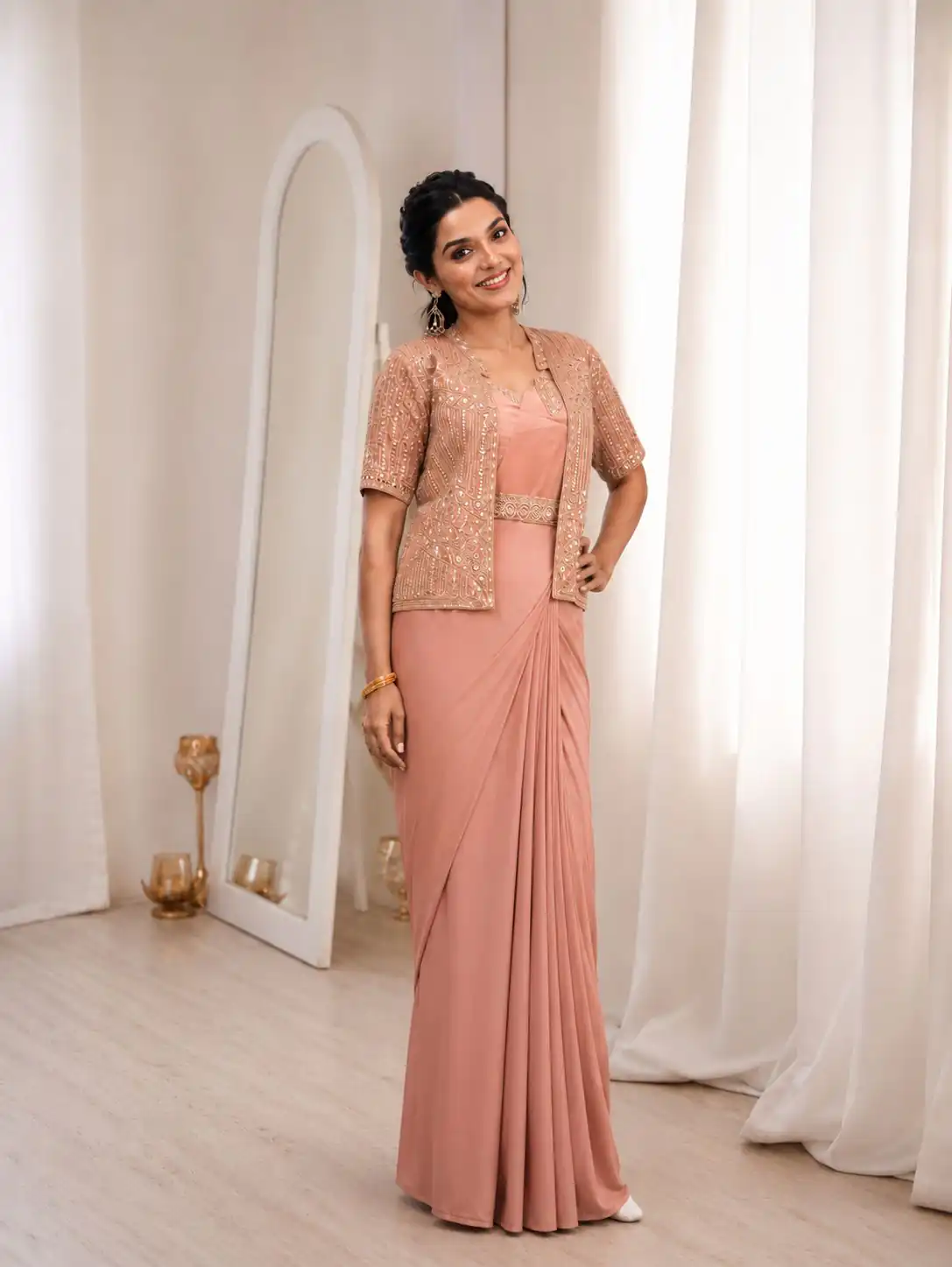 BB 72 Peach Crap Silk Saree with Sequins Work & Embroidery Work. Festive Deal ₹2399. Delivery 4-6 Working Days. Shop now. | Sarees, Bollywood Sarees, Creative Sarees, Designer Sarees, Embroidered Sarees, Ethnic Saree, Modern Digital sarees, Party Wear Sarees
