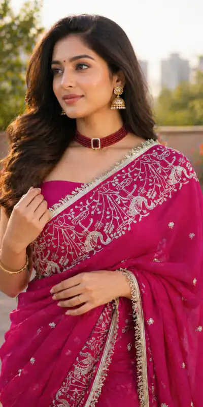 BT 446 Pink Star Georgette Saree with Lace Work & Embroidery Work. Festive Deal ₹1799. Delivery 4-6 Working Days. Shop now. | Sarees, Bollywood Sarees, Creative Sarees, Designer Sarees, Embroidered Sarees, Ethnic Saree, Modern Digital sarees, Party Wear Sarees