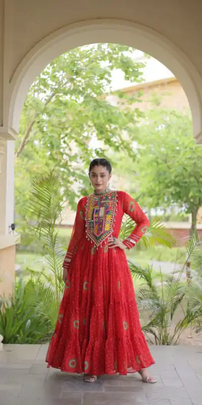KA 1267 Red in Colour Faux Georgette Bandhani Print Work Gown. Available at ₹1919 only. Delivery 4-6 Working Days. Shop now. | Gowns, Bollywood Gowns, Creative Gowns, Designer Gowns, Embroidered Gowns, Party Wear Gowns