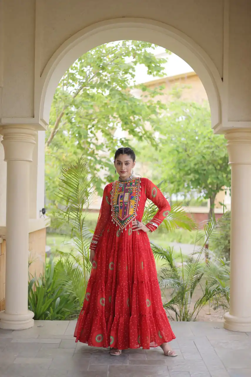 KA 1267 Red in Colour Faux Georgette Bandhani Print Work Gown. Available at ₹1919 only. Delivery 4-6 Working Days. Shop now. | Gowns, Bollywood Gowns, Creative Gowns, Designer Gowns, Embroidered Gowns, Party Wear Gowns