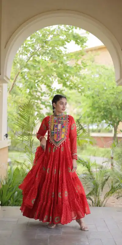 KA 1267 Red in Colour Faux Georgette Bandhani Print Work Gown. Available at ₹1919 only. Delivery 4-6 Working Days. Shop now. | Gowns, Bollywood Gowns, Creative Gowns, Designer Gowns, Embroidered Gowns, Party Wear Gowns