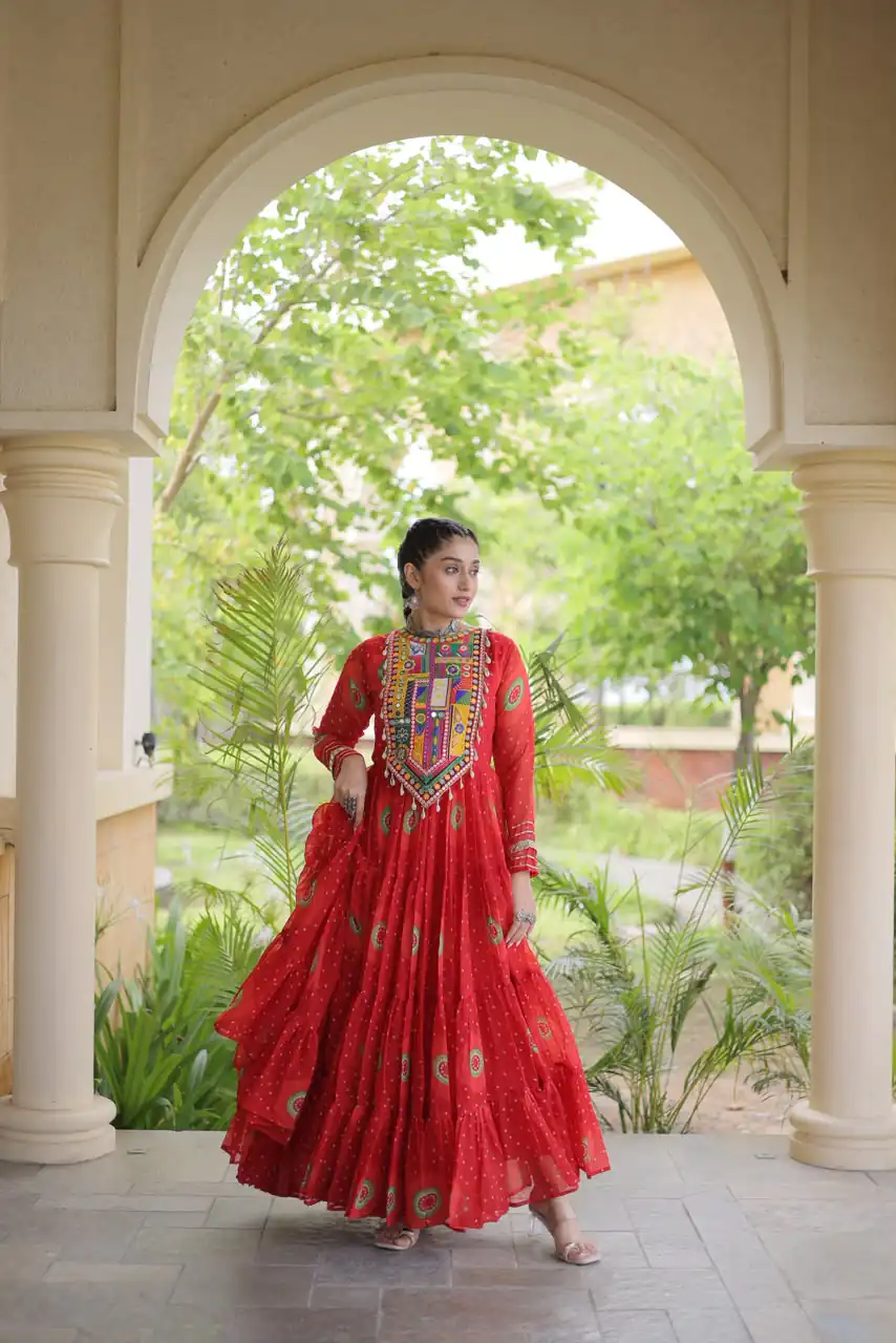 KA 1267 Red in Colour Faux Georgette Bandhani Print Work Gown. Available at ₹1919 only. Delivery 4-6 Working Days. Shop now. | Gowns, Bollywood Gowns, Creative Gowns, Designer Gowns, Embroidered Gowns, Party Wear Gowns