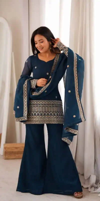KB 309 Teal Blue | Teal Blue Crunchy Silk Salwar Suit with Sequins Work & Embroidery Work. Grab it for ₹2049. Delivery 4-6 Working Days. Shop now. | Jump Suits, Salwar suit, Designer Suits, Casual Suits, Creative suits, Palazzo Suits, Party Wear Suits, Patiala Suits, Straight Suits