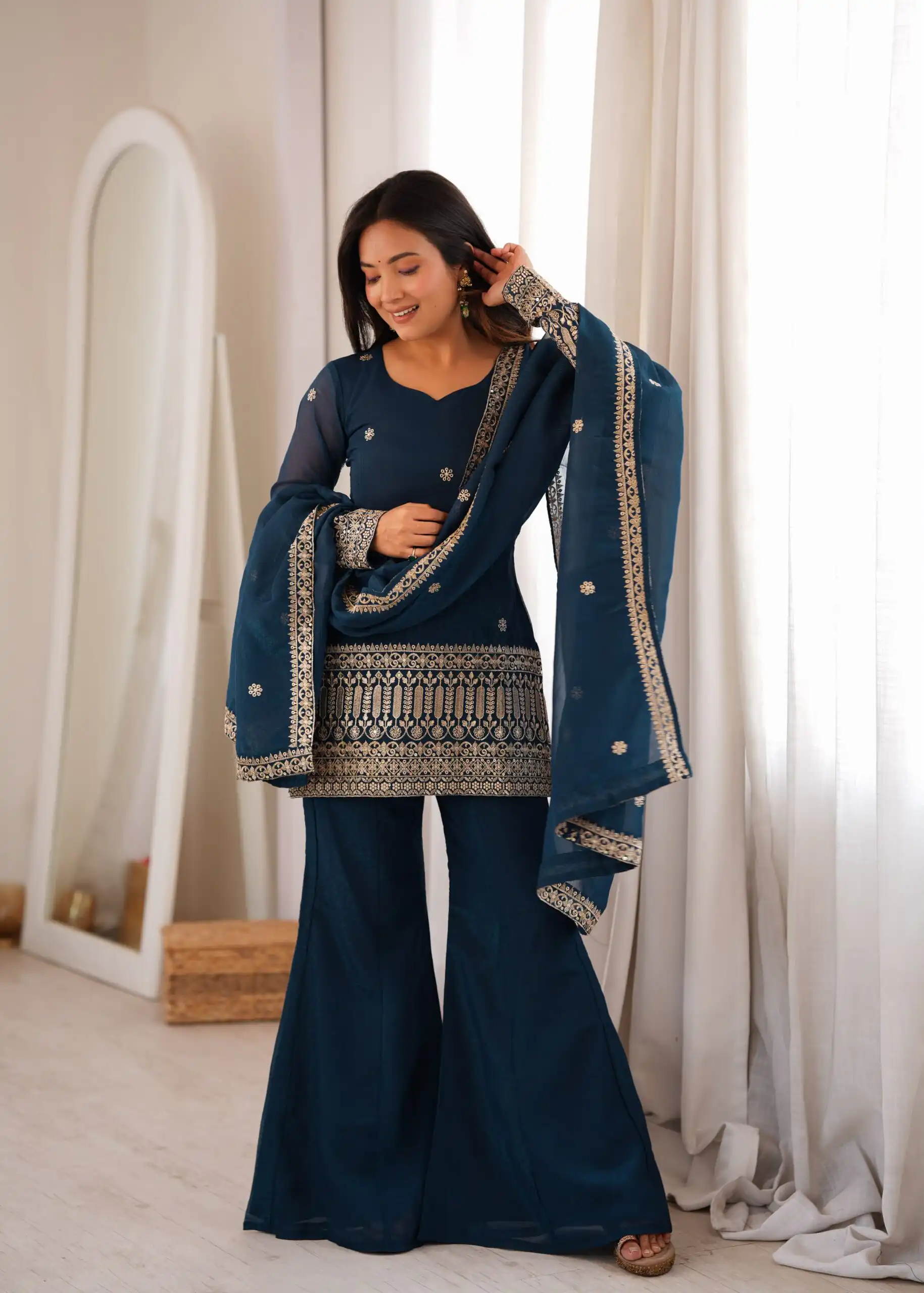 KB 309 Teal Blue | Teal Blue Crunchy Silk Salwar Suit with Sequins Work & Embroidery Work. Grab it for ₹2049. Delivery 4-6 Working Days. Shop now. | Jump Suits, Salwar suit, Designer Suits, Casual Suits, Creative suits, Palazzo Suits, Party Wear Suits, Patiala Suits, Straight Suits