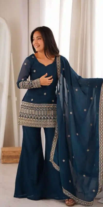 KB 309 Teal Blue | Teal Blue Crunchy Silk Salwar Suit with Sequins Work & Embroidery Work. Grab it for ₹2049. Delivery 4-6 Working Days. Shop now. | Jump Suits, Salwar suit, Designer Suits, Casual Suits, Creative suits, Palazzo Suits, Party Wear Suits, Patiala Suits, Straight Suits