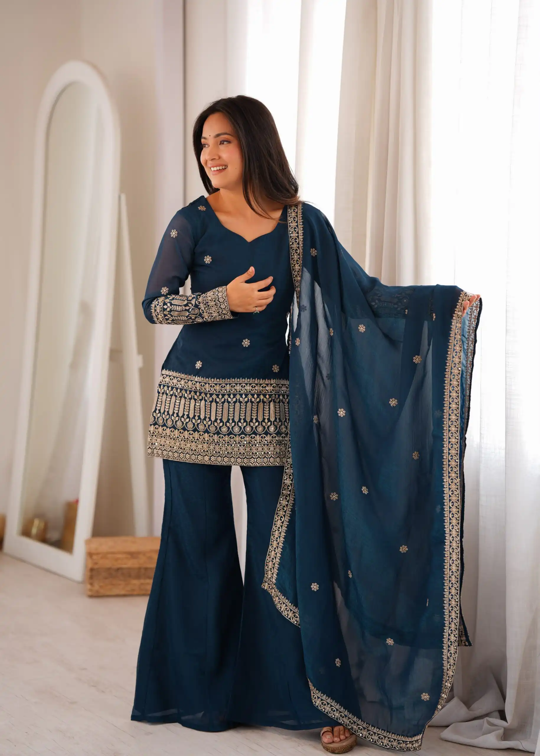 KB 309 Teal Blue | Teal Blue Crunchy Silk Salwar Suit with Sequins Work & Embroidery Work. Grab it for ₹2049. Delivery 4-6 Working Days. Shop now. | Jump Suits, Salwar suit, Designer Suits, Casual Suits, Creative suits, Palazzo Suits, Party Wear Suits, Patiala Suits, Straight Suits