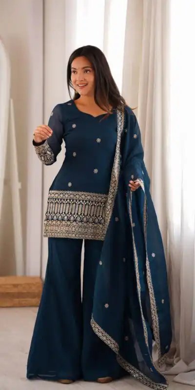 KB 309 Teal Blue | Teal Blue Crunchy Silk Salwar Suit with Sequins Work & Embroidery Work. Grab it for ₹2049. Delivery 4-6 Working Days. Shop now. | Jump Suits, Salwar suit, Designer Suits, Casual Suits, Creative suits, Palazzo Suits, Party Wear Suits, Patiala Suits, Straight Suits