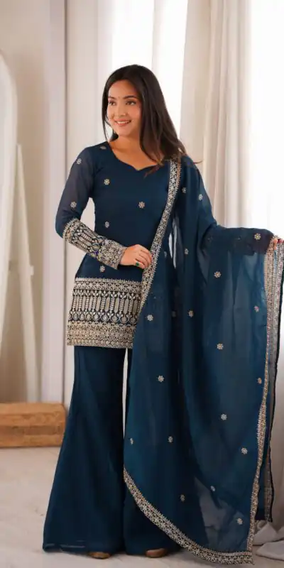 KB 309 Teal Blue | Teal Blue Crunchy Silk Salwar Suit with Sequins Work & Embroidery Work. Grab it for ₹2049. Delivery 4-6 Working Days. Shop now. | Jump Suits, Salwar suit, Designer Suits, Casual Suits, Creative suits, Palazzo Suits, Party Wear Suits, Patiala Suits, Straight Suits