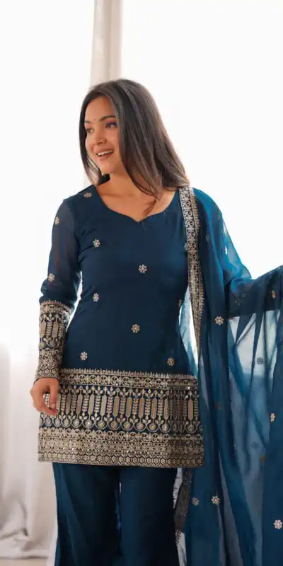 KB 309 Teal Blue | Teal Blue Crunchy Silk Salwar Suit with Sequins Work & Embroidery Work. Grab it for ₹2049. Delivery 4-6 Working Days. Shop now. | Jump Suits, Salwar suit, Designer Suits, Casual Suits, Creative suits, Palazzo Suits, Party Wear Suits, Patiala Suits, Straight Suits