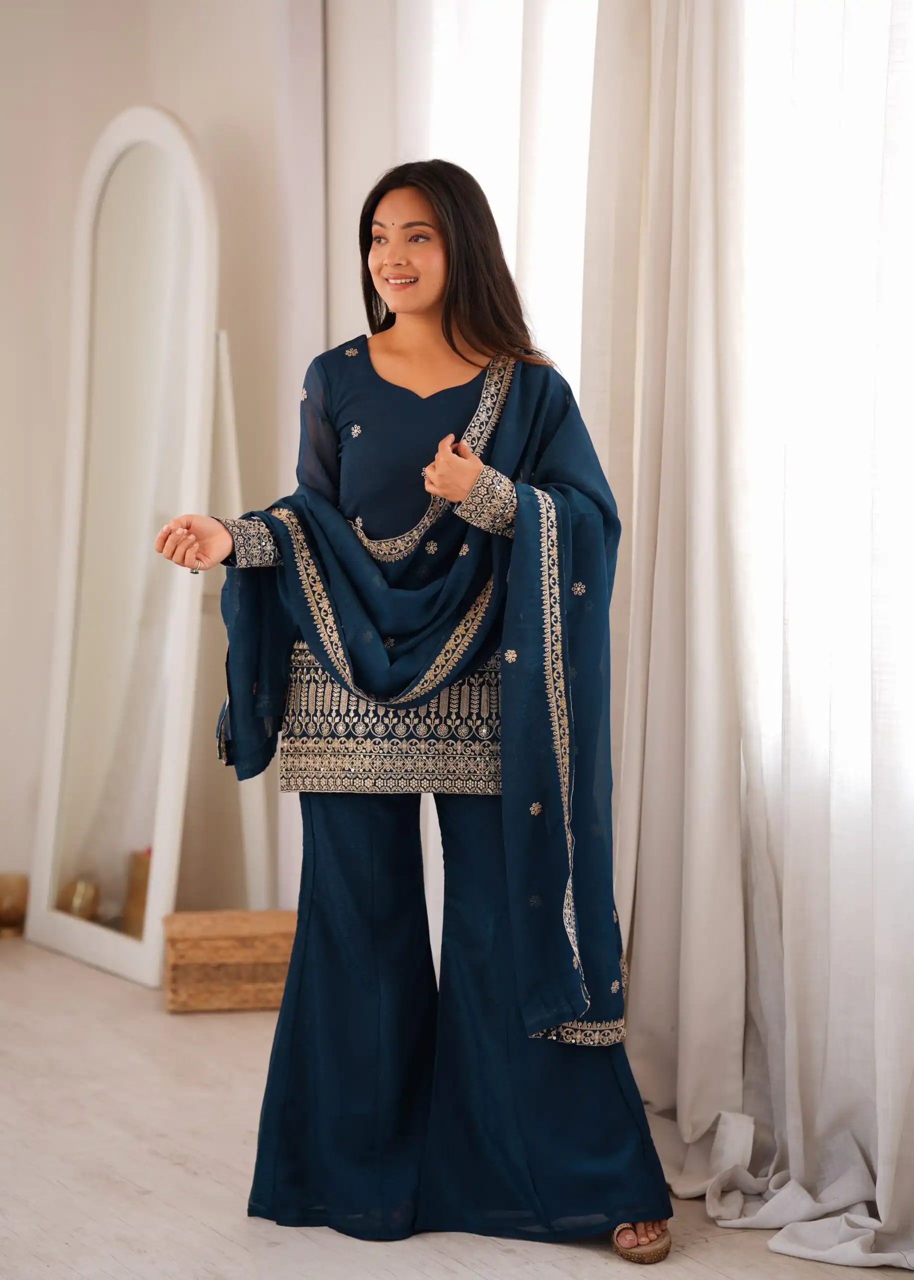 KB 309 Teal Blue | Teal Blue Crunchy Silk Salwar Suit with Sequins Work & Embroidery Work. Grab it for ₹2049. Delivery 4-6 Working Days. Shop now. | Jump Suits, Salwar suit, Designer Suits, Casual Suits, Creative suits, Palazzo Suits, Party Wear Suits, Patiala Suits, Straight Suits