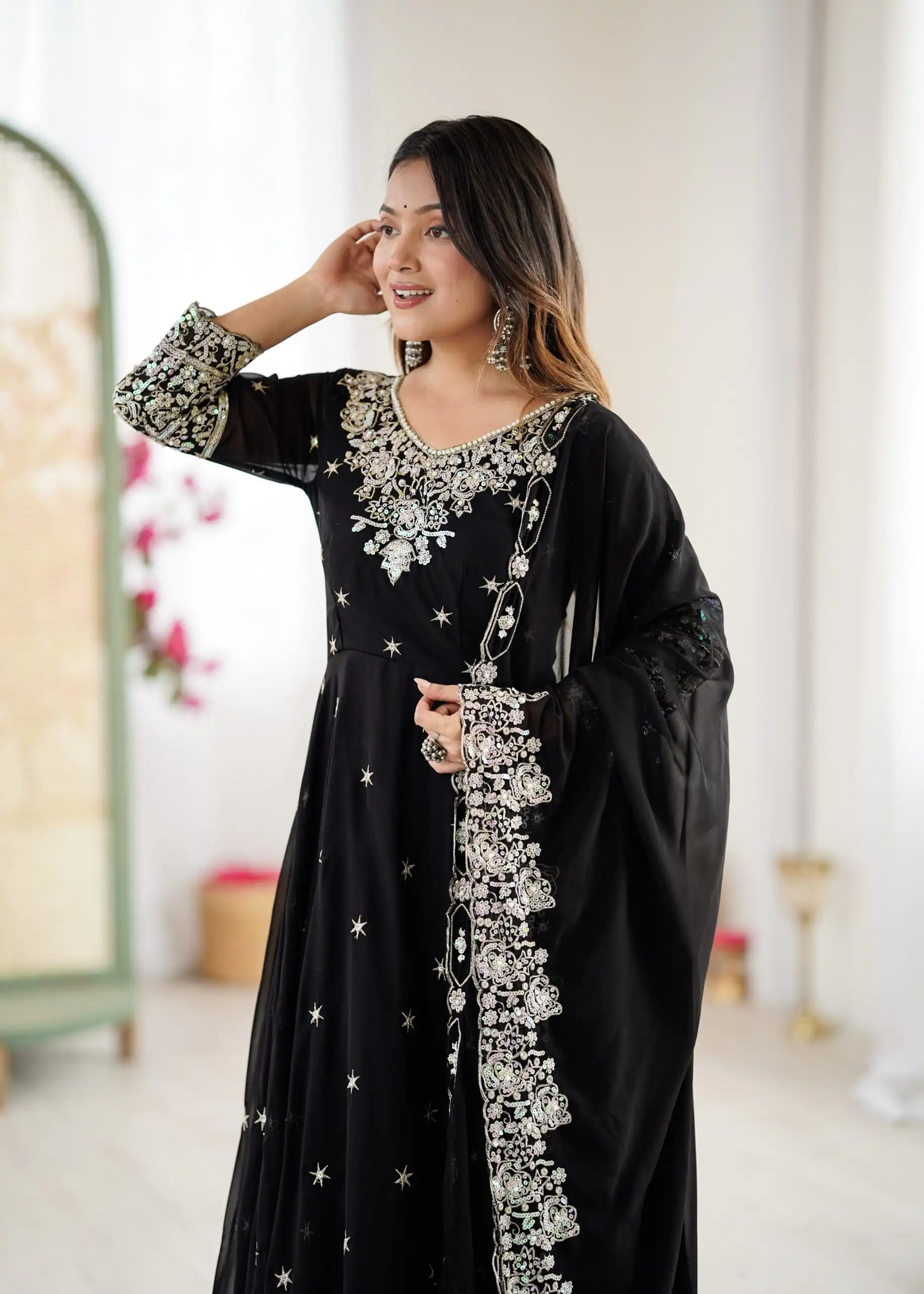 ZF 5012 Black Blooming Faux Gown with Embroidery Work. Wedding, Party, Festive, Events Grab it for ₹2149. Delivery 4-6 Working Days. Shop now. | Anarkali Suits, Bollywood Anarkali, Creative-Anarkali, Designer Anarkali, Embroidered Anarkali, Party Wear Anarkali