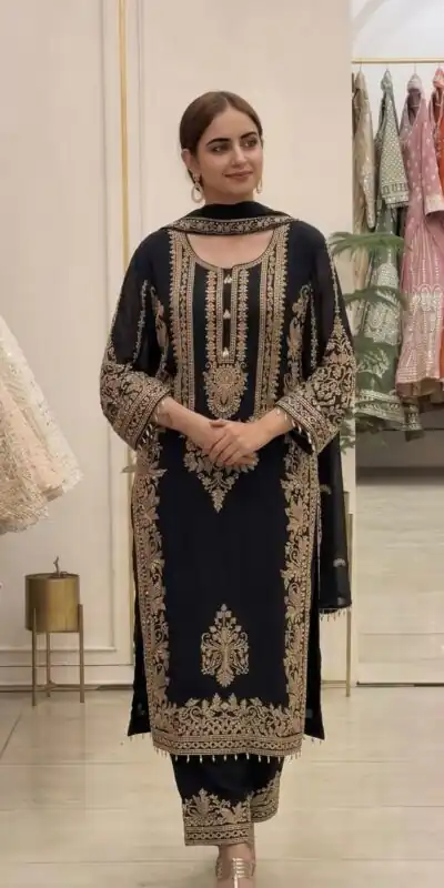 SR 1716 Black Colour Faux Georgette Salwar Suit with Lace Work. Introductory Price ₹2449. Delivery 4-6 Working Days. Shop now. | Jump Suits, Salwar suit, Designer Suits, Casual Suits, Creative suits, Palazzo Suits, Party Wear Suits, Patiala Suits, Straight Suits