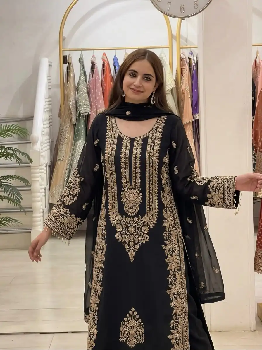 SR 1716 Black Colour Faux Georgette Salwar Suit with Lace Work. Introductory Price ₹2449. Delivery 4-6 Working Days. Shop now. | Jump Suits, Salwar suit, Designer Suits, Casual Suits, Creative suits, Palazzo Suits, Party Wear Suits, Patiala Suits, Straight Suits