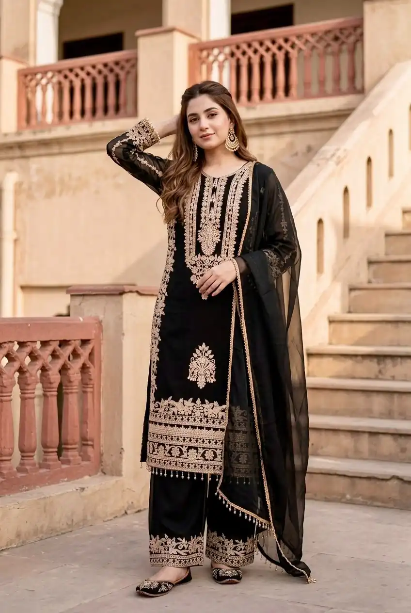 ST 247 Black | Black Faux Georgette Salwar Suit with Lace Work. Introductory Price ₹2449. Delivery 4-6 Working Days. Shop now. | Jump Suits, Salwar suit, Designer Suits, Casual Suits, Creative suits, Palazzo Suits, Party Wear Suits, Patiala Suits, Straight Suits